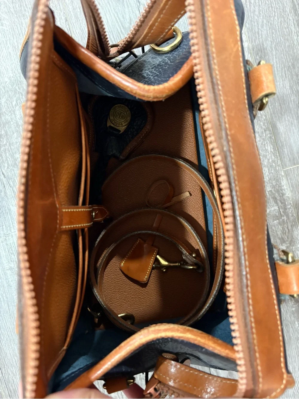 Dooney & Bourke Navy and Tan Pebbled Leather Doctor Bag